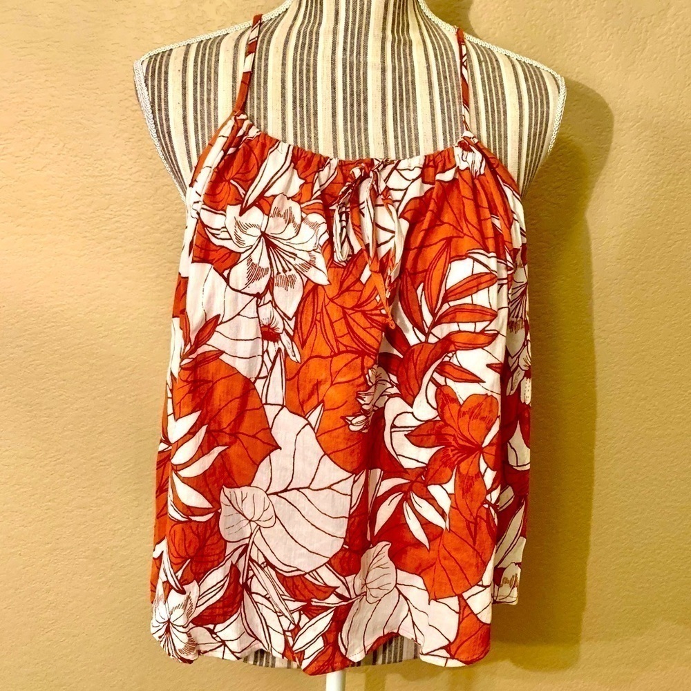 NWT a.n.a. Top Small Tropical Pattern Orange White Sleeveless Adjustable Straps
